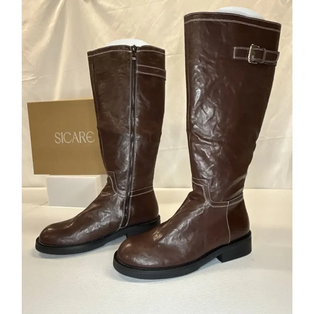 Women's SICARE Brown Knee High Boots Buckle Detail Flat Block Heel Size 8